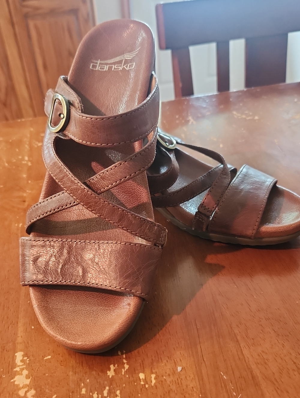 Dansko Ana wedge sandals tan leather upper asymmetrical strap buckle
